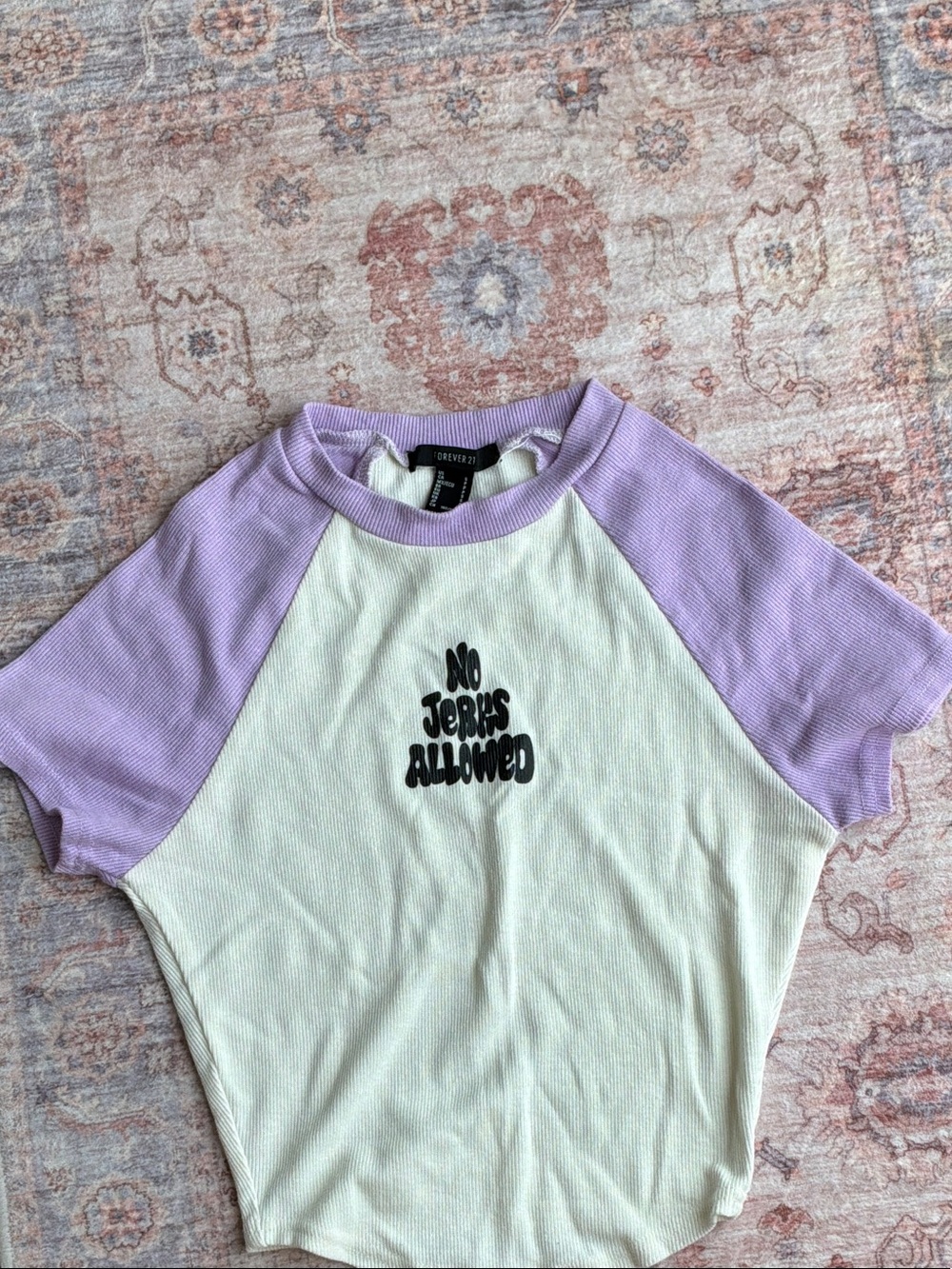 Forever 21 White & Lavender Raglan Tee with 'No Jeans Allowed' Graphic
